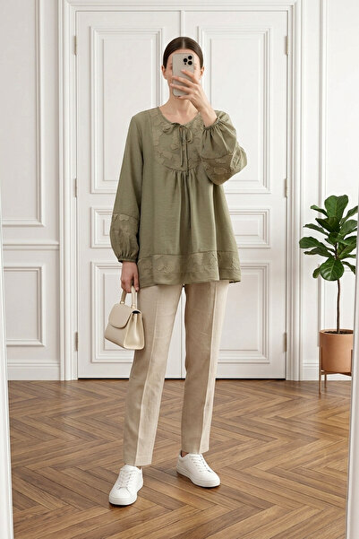 MODAQU Standard Size Garnished Modal Fabric Tunic - Olive Green