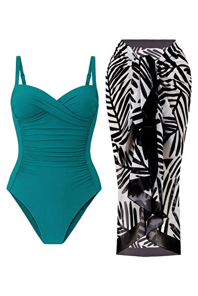 CUPSEA Γυναικείο μαγιό με ντραπέ σε πράσινο μέντα, με μοτίβο μαύρων φύλλων, σ...