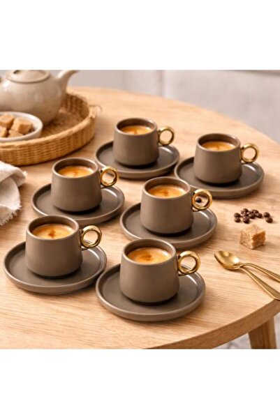 Generic Brown Ceramic Coffee Cup Set 6 Pieces with Plates