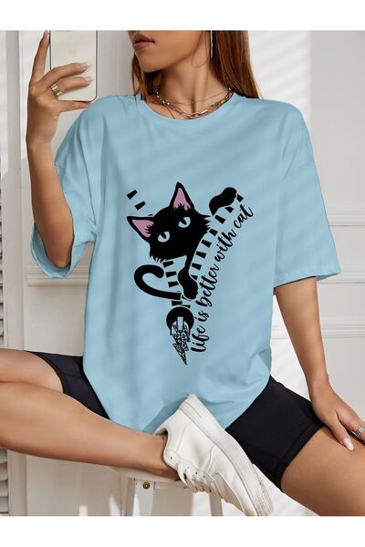 AZIZI TEKSTIL oversize cat printed T-shirt