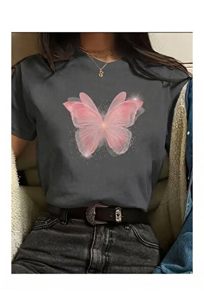 SİBELİZE Pink Butterfly Pattern Printed Compact T-Shirt