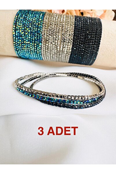 DEVİ fashion Zircon Stone Waterway 3-Piece Silver Bracelet with Rubber Bands
