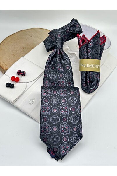 Gutiero Black Patterned Classic Tie with Handkerchief