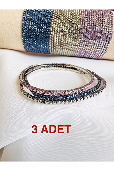DEVİ fashion Zircon Stone Waterway 3-Piece Silver Bracelet with Rubber Bands