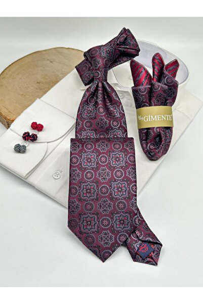 Gutiero Claret Red Patterned Classic Tie with Handkerchief