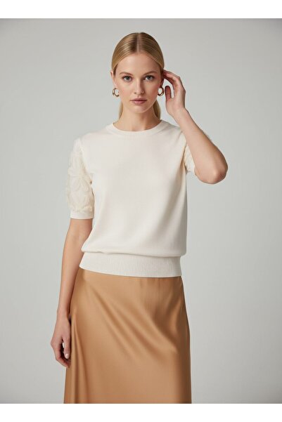 Noi Belis Floral Tulle Detailed Short Sleeve Knitwear Blouse Ss26Bz0105