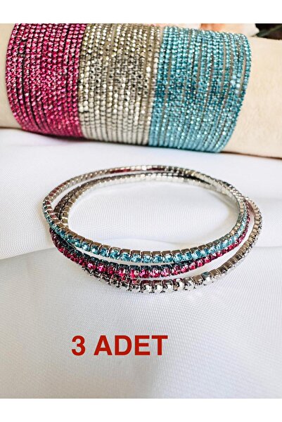 DEVİ fashion Zircon Stone Waterway 3-Piece Silver Bracelet with Rubber Bands