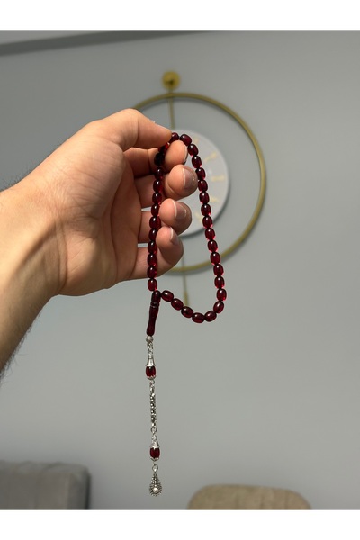 tesbihciniz Vişne Rengi Toz Kehribar Tesbih – Gümüş Kaplama Püsküllü