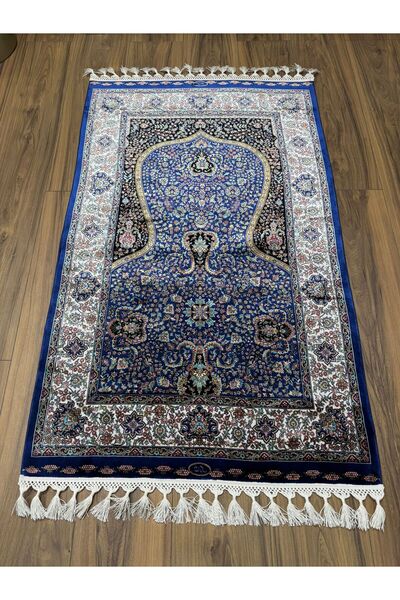 Neşem Halı Boutique KS6014 LACIVERT KREM İRAN İPEK SECCADE HALIMIZ İPEK SAÇAK
