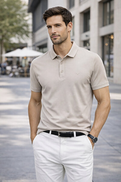 Maccali Men's Imported Textured Premium Fabric Basic Beige Polo Collar T-Shirt