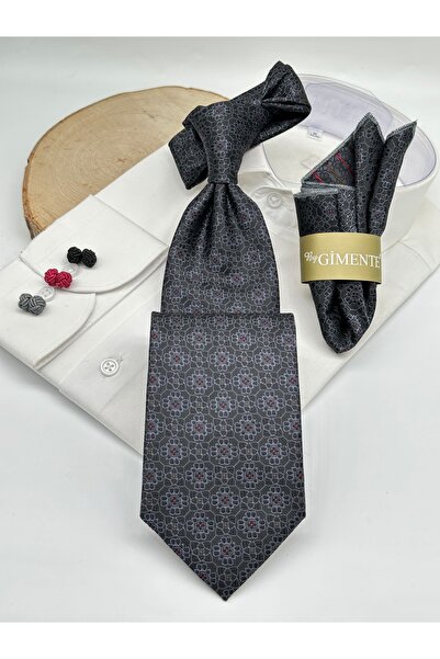 Gutiero Black Patterned Classic Tie with Handkerchief