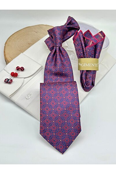 Gutiero Claret Red Patterned Classic Tie with Handkerchief