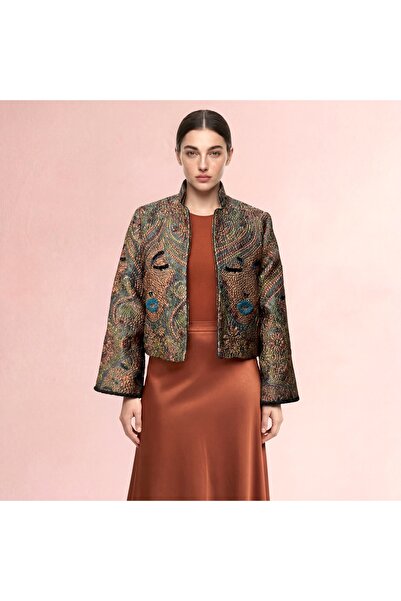 FAAYRA fashionhouse ceket taş işlemeli jakar kumaş kahve renki ceket