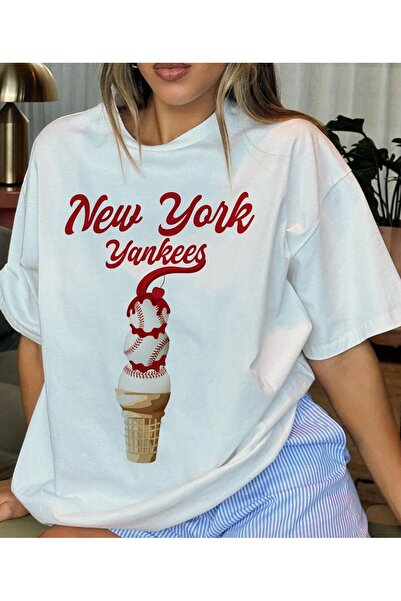 LELVANİ Γυναικείο κόκκινο μπλουζάκι Νέα Γιορκ Ουάνκες με τυπωμένο κείμενο