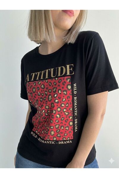 LELVANİ Γυναικείο κόκκινο μπλουζάκι με στάμπα λεοπάρ και στάμπα  "attitude "