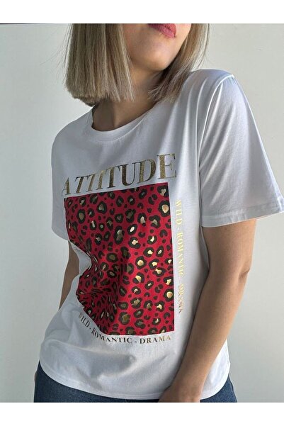 LELVANİ Γυναικείο κόκκινο μπλουζάκι με στάμπα λεοπάρ και στάμπα  "attitude "