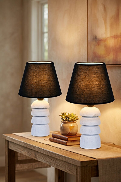 Lambazade Verzade Model White Wooden Body 2-Piece Black Headboard Lampshade