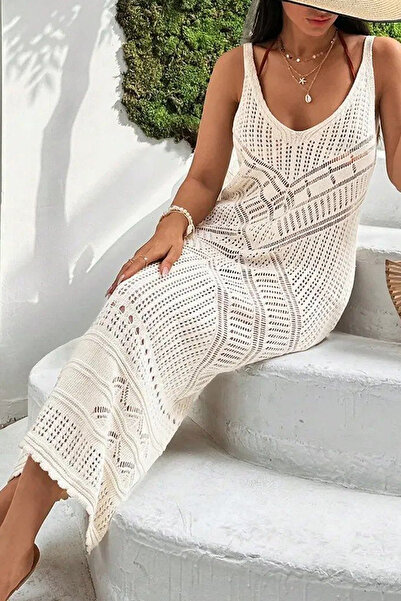 Noa&Noa Women's Ecru Knitted Knitwear Dress – Strappy Openwork Summer Dress