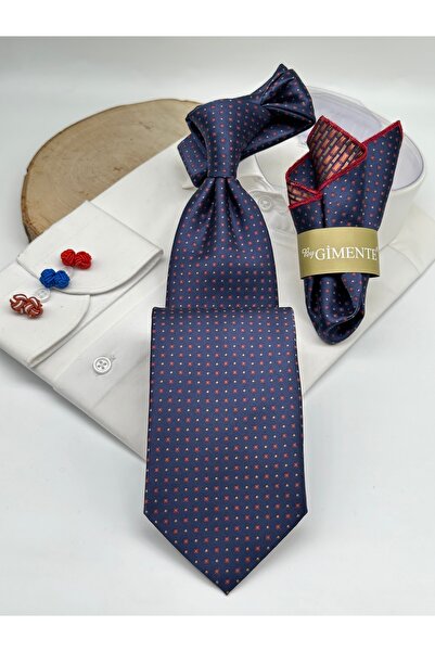 Gutiero Cravată clasică cu batistă cu puncte bleumarin burgundă