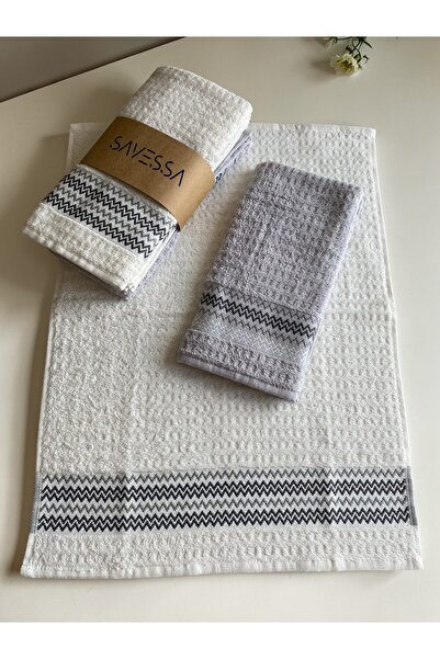 SAVESSA Zigzag Gray 4-Piece Towel Set 40X55 cm 2 Pieces Gray 2 Pieces Ecru Gi...