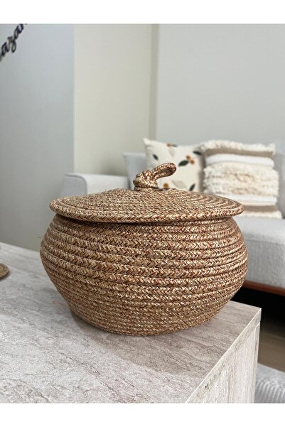 Türkmen Ev Tekstil Jute, Wicker, Covered Basket, Kitchen Basket, Organizer, Decor, Bathroom Basket