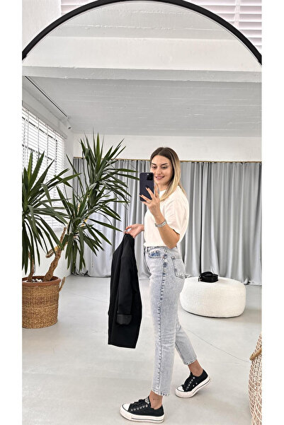 mooishan Lya Ice Blue Γυναικείο τζιν παντελόνι Vibe Mom Fit με ψηλή μέση και ...