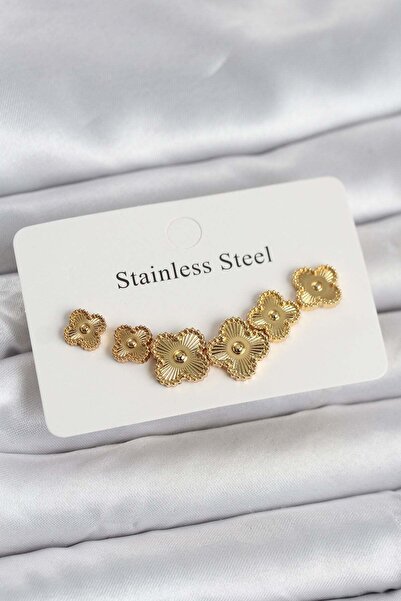 Inure Jewelry طقم أقراط من الفولاذ 316L بلون ذهبي على شكل نبات البرسيم