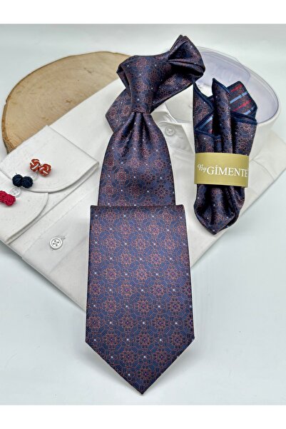 Gutiero Navy Blue Patterned Classic Tie with Handkerchief