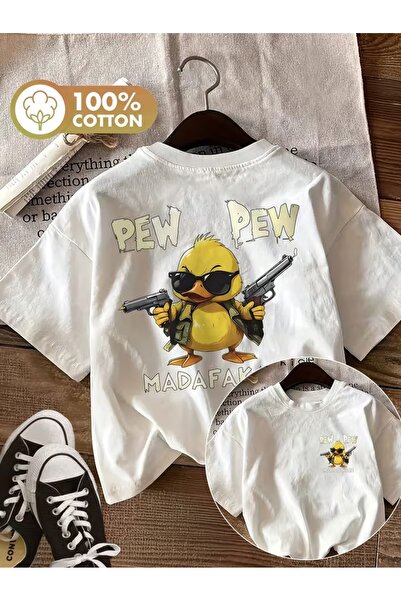 AEMİ Unisex Pew Pew Duck Printed Oversize Crew Neck T-Shirt