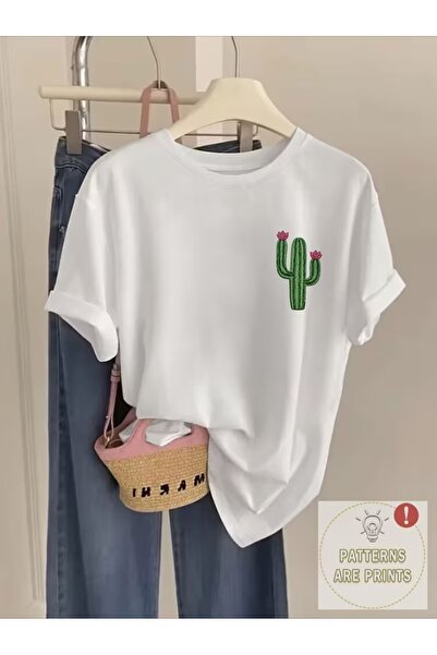 AEMİ Μπλουζάκι Unisex με στάμπα κάκτου, μεγάλου μεγέθους, με λαιμόκοψη ποδηλάτου