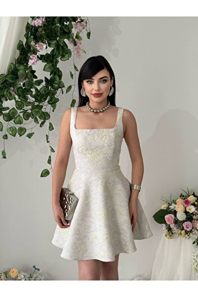 Miss Beyoğlu Γυναικείο Σατέν Φόρεμα Ζακάρ Σχεδιασμού με Φαρδιά Τιράντες, Κομψ...