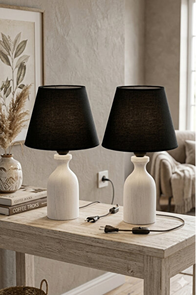 Lambazade Elzade Model White Wooden Body 2-Piece Black Headboard Lampshade