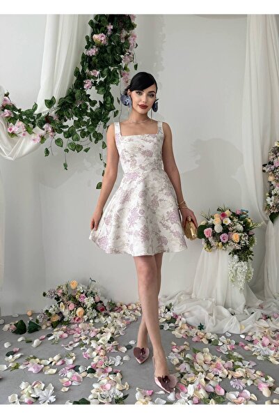 Miss Beyoğlu Γυναικείο Σατέν Φόρεμα Ζακάρ Σχεδιασμού με Φαρδιά Τιράντες, Κομψ...