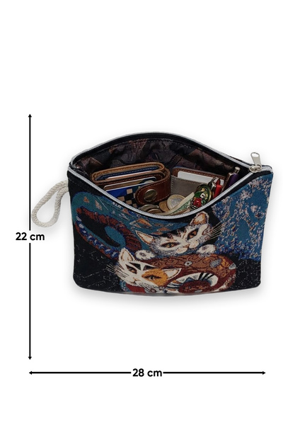 CLUTCH Cat Patterned Cloth Handbag – Zippered Organizer & Medium Bag
