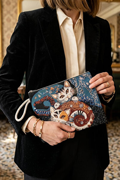 CLUTCH Kedi Desenli Bez El Çantası – Fermuarlı Organizer & Orta Çanta