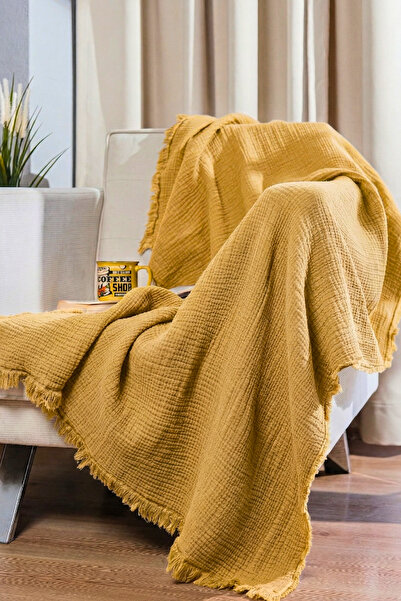 OTEKS HOME COLLECTİON Σάλι καναπέ από μουσελίνα μουστάρδας / Κουβέρτα τηλεόρα...