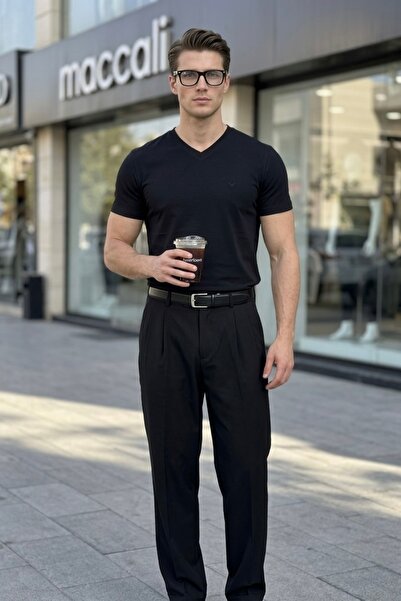 Maccali Ανδρικό καλοκαιρινό μπλουζάκι από βαμβακερό βασικό μαύρο μπλουζάκι με...