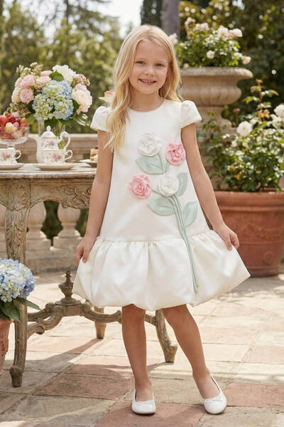 Pamina Girl's Dress - White - with Puffy Sleeves and Floral Appliques