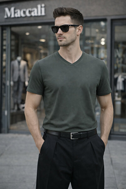 Maccali Men's Summer Trend Cotton Basic V-Neck Khaki T-Shirt