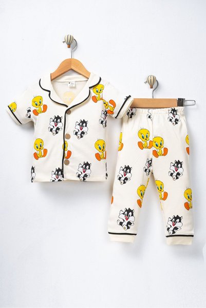 derin baby 100% Cotton Short Sleeve Buttoned Summer Cute Chick Pattern Girls Boys Baby Kids Pajamas Set