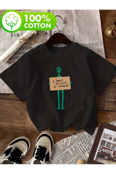 AEMİ Μπλουζάκι Unisex Alien με στάμπα Oversize με λαιμόκοψη ποδηλάτου