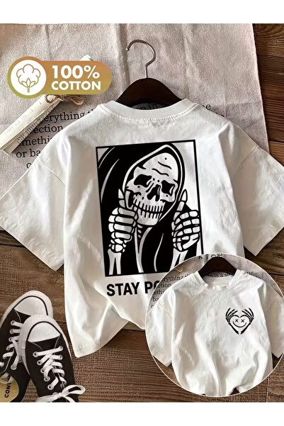 AEMİ Μπλουζάκι Unisex με στάμπα Stay Positive, Oversize, με λαιμόκοψη ποδηλάτου