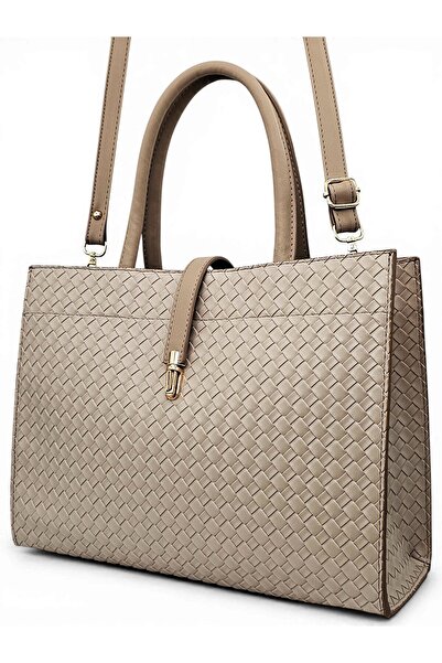 Evident Cream Knitted Patterned Hand and Document Women's Bag with Lock Detai...