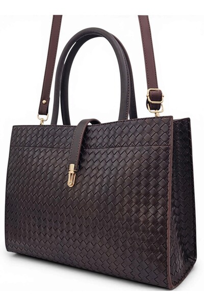 Evident Brown Knitted Patterned Women's Hand and Briefcase Bag with Lock Deta...