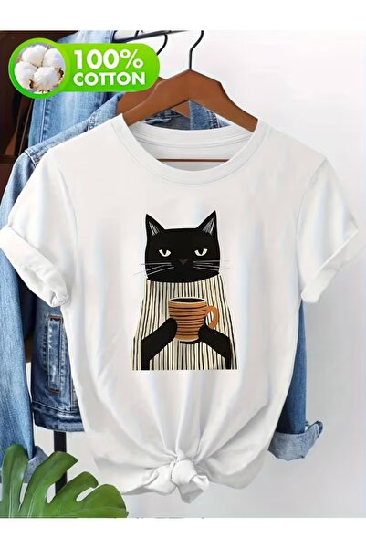 AEMİ Μπλουζάκι Unisex με στάμπα γάτας που πίνει καφέ, μεγάλου μεγέθους, με λα...