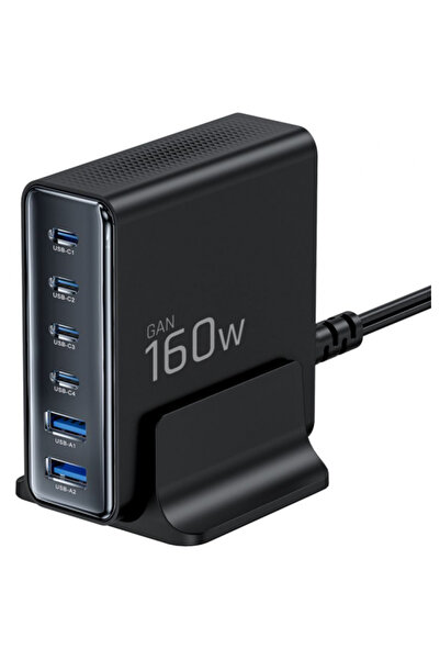 Tech-Protect Φορτιστής Statie DC160W-GAN, 160W, 5A, 2 x USB-A - 4 x USB-C, Μαύρο