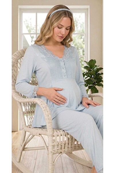 Lohussa New Season Blue Lace Detailed Special Design 100% Cotton Maternity Pa...