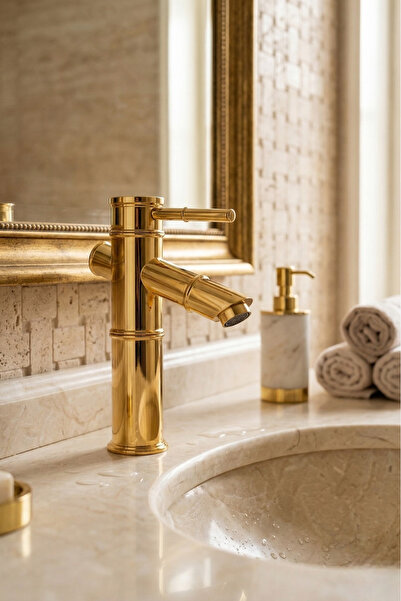 RALKEN Bambu Gövde Gold Lavabo Bataryası - Altın Sabit Lavabo Musluğu %100 Pi...