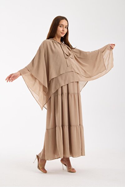 Işşıl 100051-Chiffon Maternity Wear Midi Dress with Cape and Straps