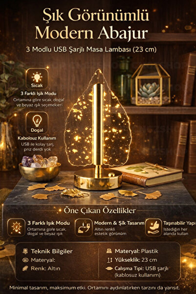 CNGZSHOP Modern Şık Abajur 3 Modlu USB Şarjlı Masa Lambası 23 cm (Altın Renk)
